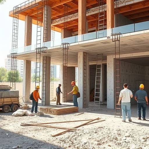 Ambiente em processo de reforma com equipe trabalhando